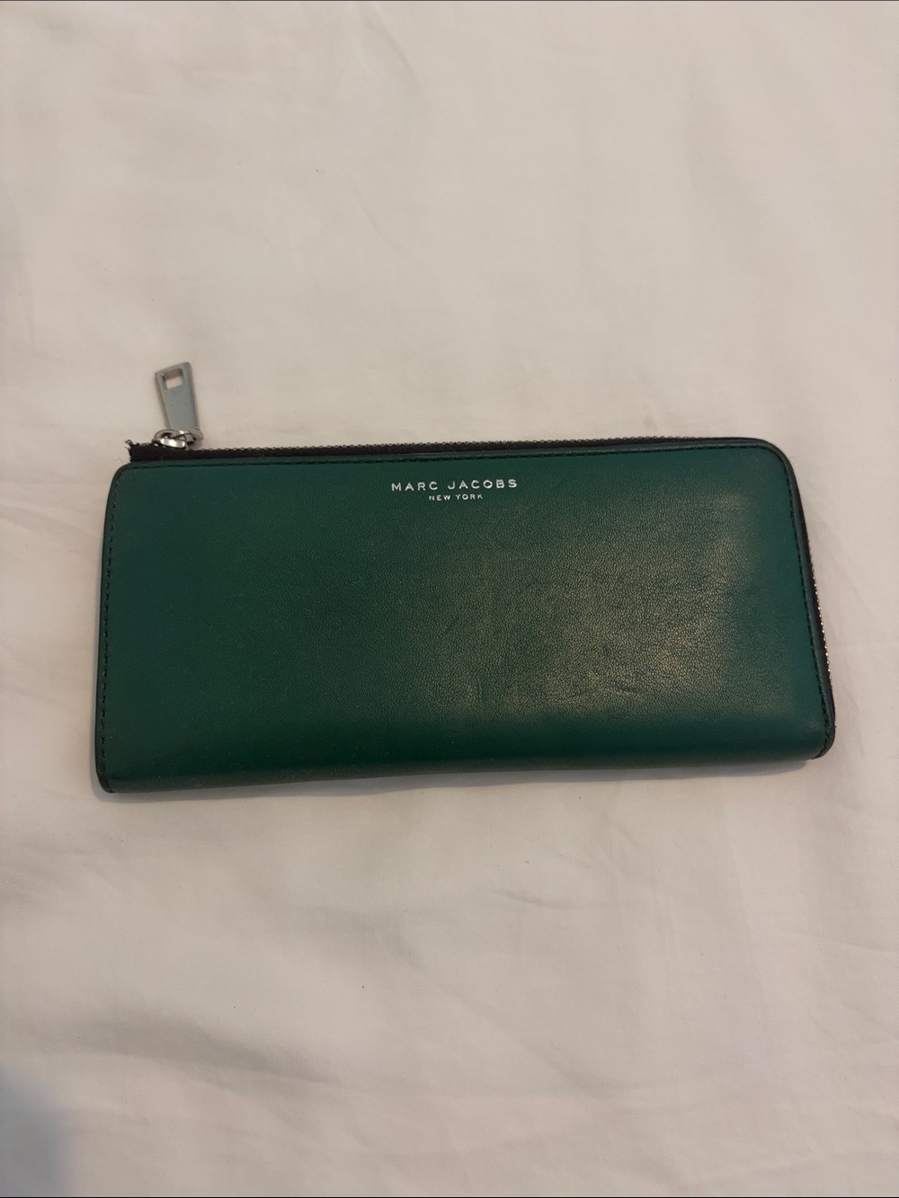 Marc Jacobs Emerald Leather Zip Wallet with Silver Hardware